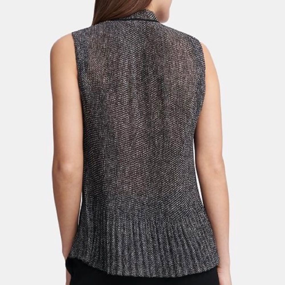 NWT DKNY Pleated Tie-Neck Top LP black and ivory - Picture 3 of 8